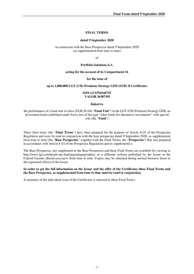 LGT (CH) Premium Strategy GIM (EUR) B Certificates (LU1594346725) - (09.09.2020)