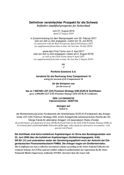 LGT (CH) Premium Strategy GIM (EUR) B Certificates (LU1594346725) - Swiss Simplified Prospectus (27.08.2019)