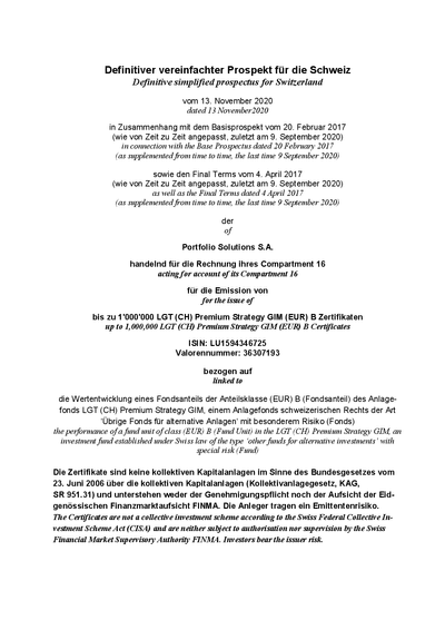 LGT (CH) Premium Strategy GIM (EUR) B Certificates (LU1594346725) - Swiss Simplified Prospectus (13.11.2020)