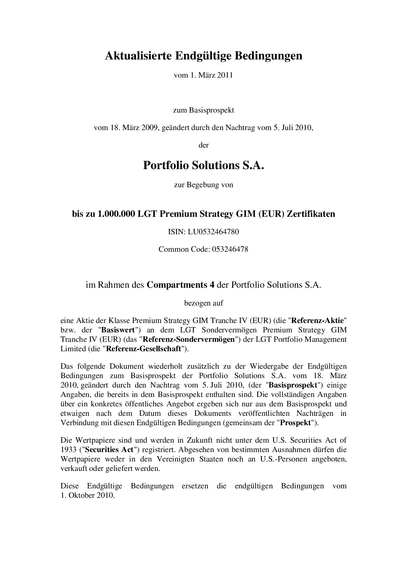 LGT Premium Strategy GIM (EUR) Certificates (LU0532464780) - Offer Closed - (01.03.2011)