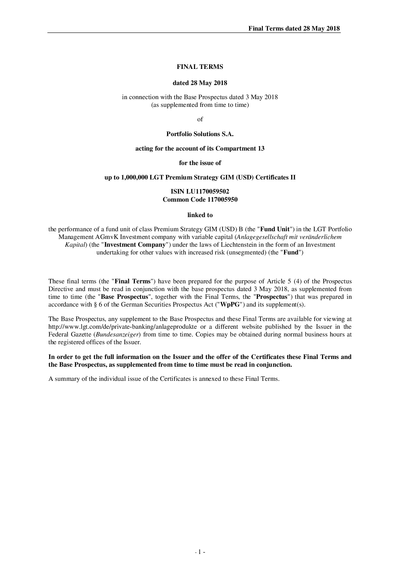 LGT Premium Strategy GIM (USD) Certificates II (LU1170059502) - (28.05.2018)