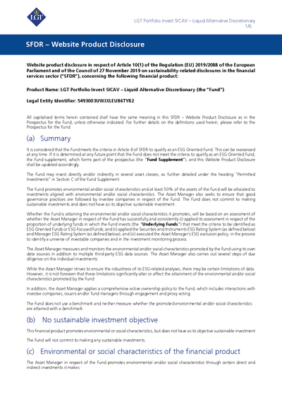 LGT Portfolio Invest SICAV - Liquid Alternative Discretionary -SFDR Disclosure