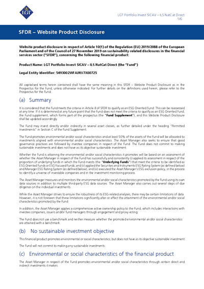 LGT Portfolio Invest SICAV - ILS NatCat Direct-SFDR Disclosure