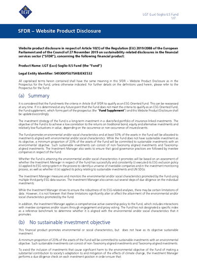 LGT (Lux) Soglio ILS Fund-SFDR Website Disclosure