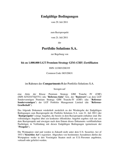 LGT Premium Strategy GIM (CHF) Certificates (LU0651206319) - Offer Closed - (29.07.2011)