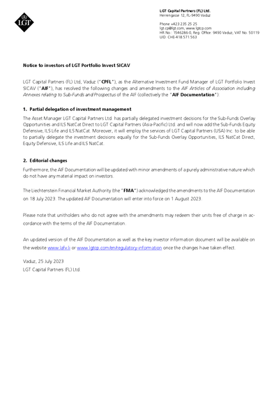 LGT Portfolio Invest SICAV - Notice to investors