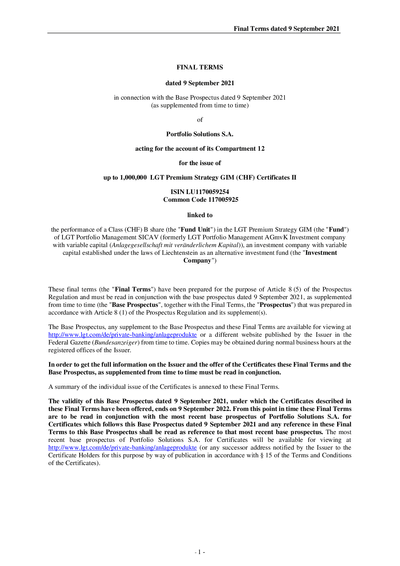 LGT Premium Strategy GIM (CHF) Certificates II (LU1170059254) - (09.09.2021)