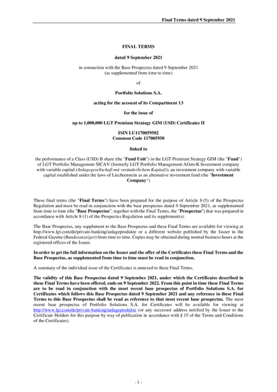 LGT Premium Strategy GIM (USD) Certificates II (LU1170059502) - (09.09.2021)