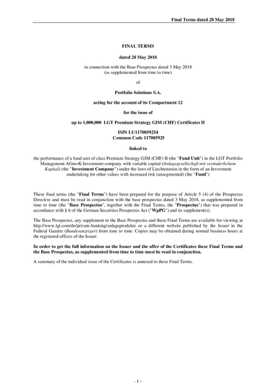 LGT Premium Strategy GIM (CHF) Certificates II (LU1170059254) - (28.05.2018)