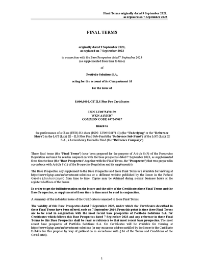 LGT ILS Plus Pro (EUR) Certificates (LU0975470179) - (07.09.2023)