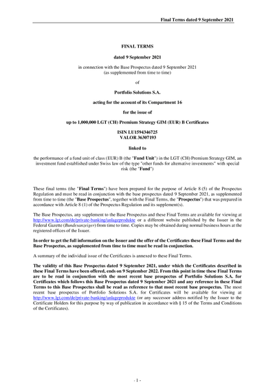 LGT (CH) Premium Strategy GIM (EUR) B Certificates (LU1594346725) - (09.09.2021)