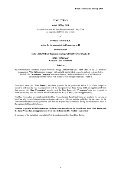 LGT Premium Strategy GIM (EUR) Certificates II (LU1170056409) - (28.05.2018)