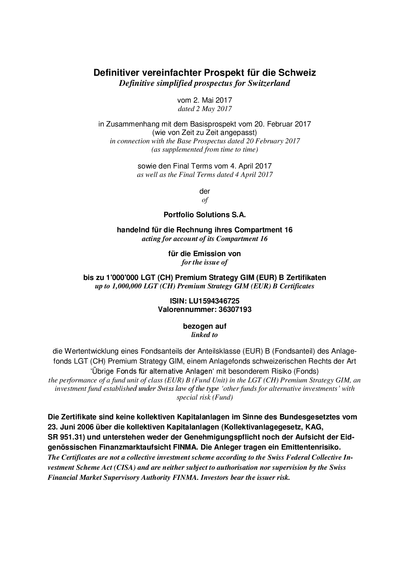 LGT (CH) Premium Strategy GIM (EUR) B Certificates (LU1594346725) - Swiss Simplified Prospectus (02.05.2017)