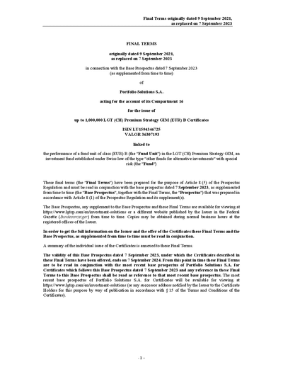 LGT (CH) Premium Strategy GIM (EUR) B Certificates (LU1594346725) - (07.09.2023)