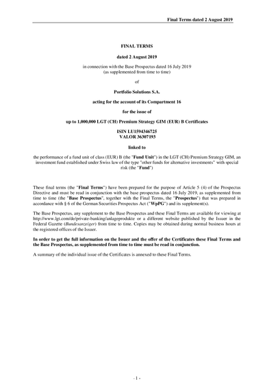 LGT (CH) Premium Strategy GIM (EUR) B Certificates (LU1594346725) - (02.08.2019)